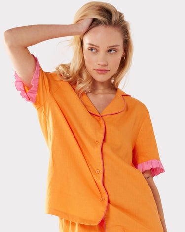 Linen-Mix Orange & Pink Ruffle Trim Button Up Short Pyjama Set